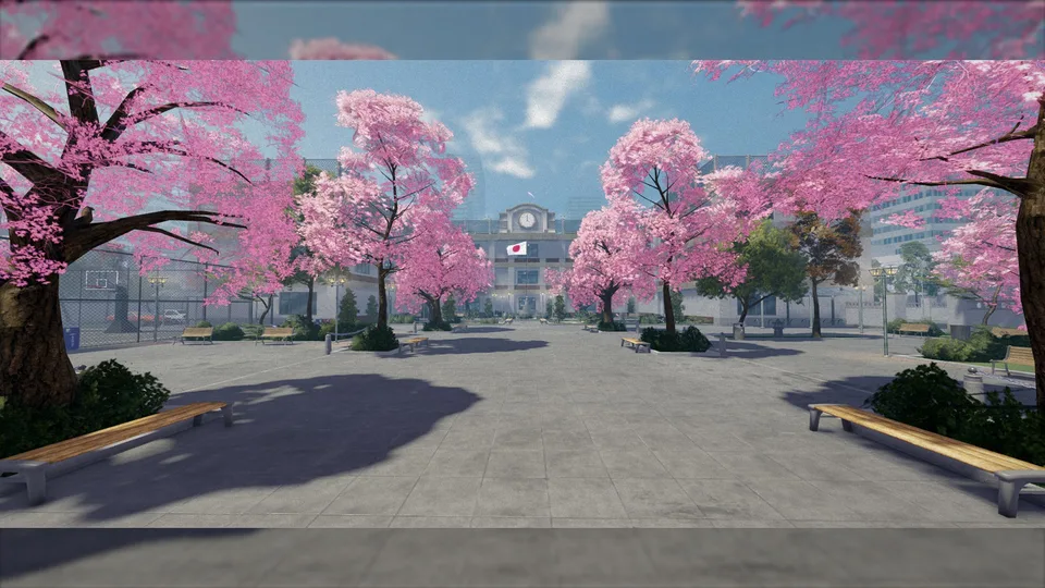 Gakuran school courtyard with cherry blossom trees in front of the main building